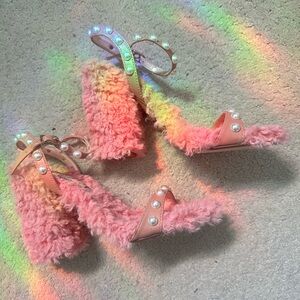Lemon drop pink fuzzy pearl heels 6.5